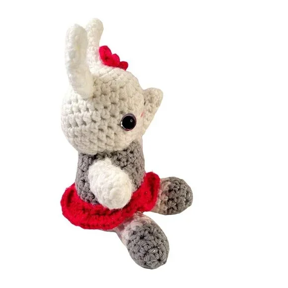 Handmade Crochet Bunny Rabbit Tutu Bow 10" White Gray Pink Easter Stuffed Plush - Picture 3 of 7
